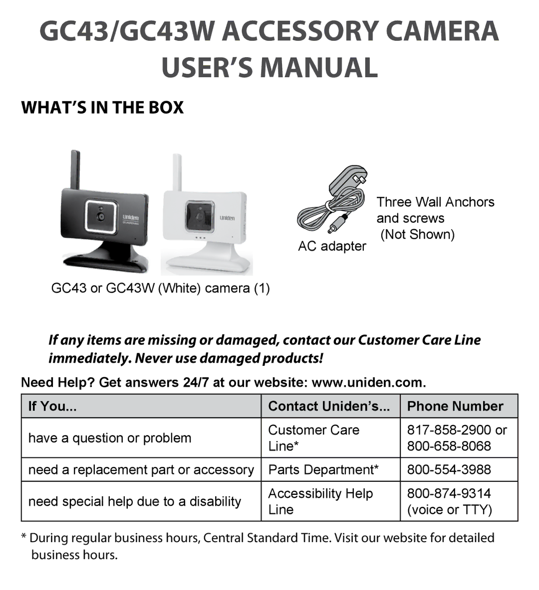 Uniden user manual Gc43/GC43W Accessory Camera User’s Manual, What’s in the Box 