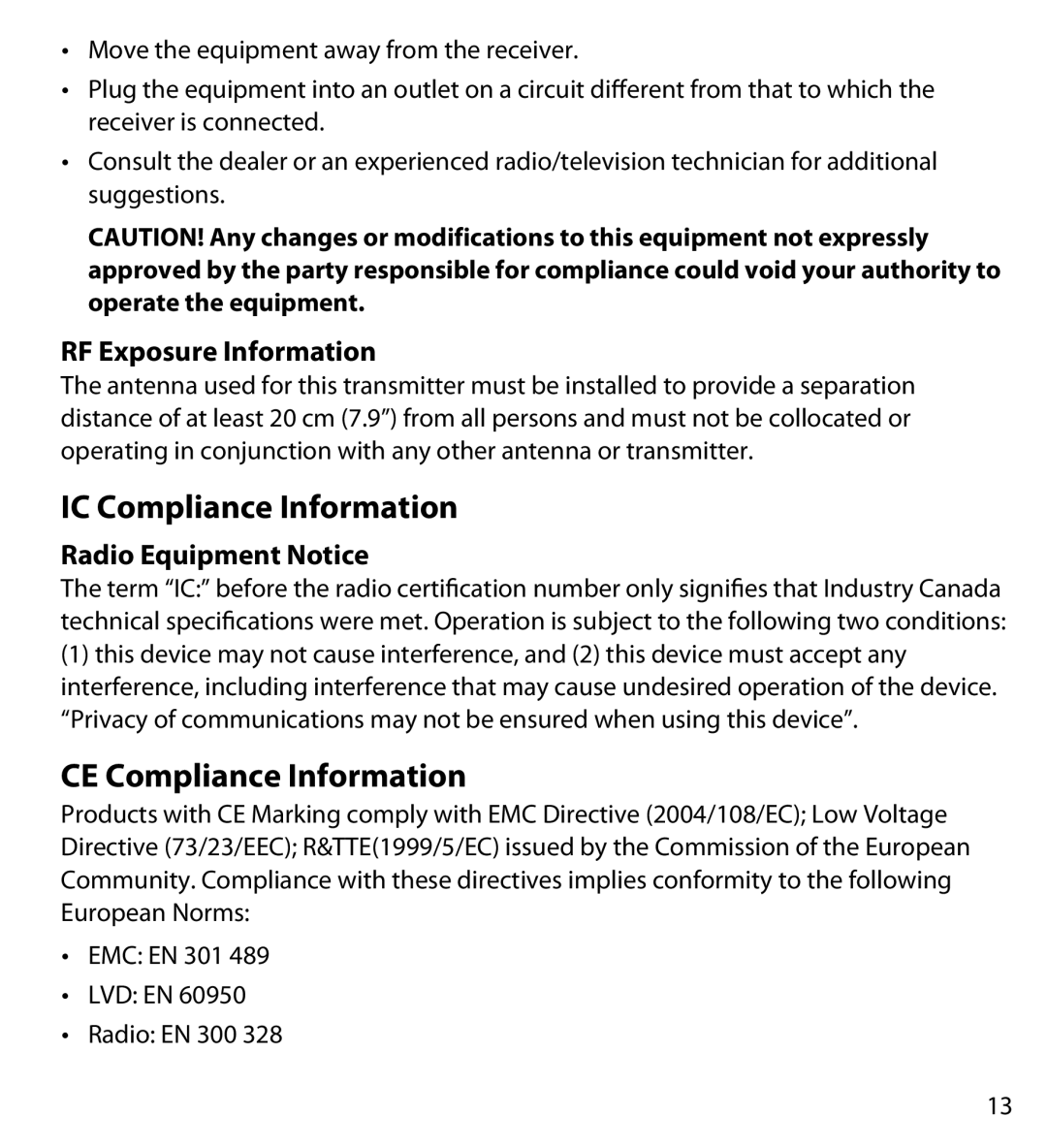 Uniden GC43W user manual IC Compliance Information, CE Compliance Information 