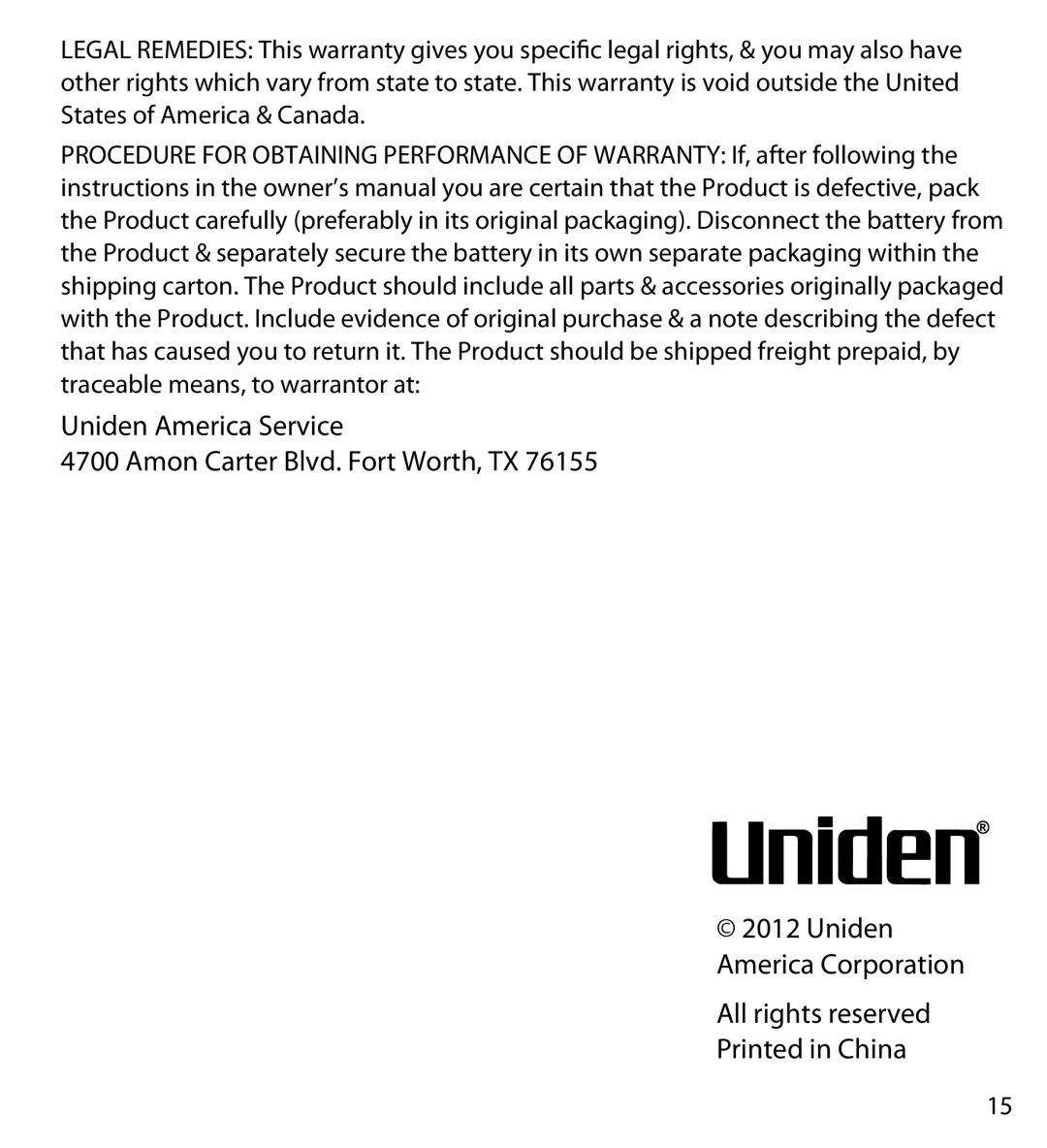 Uniden GC43W user manual Uniden America Service Amon Carter Blvd. Fort Worth, TX 