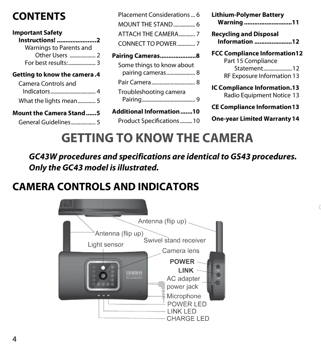 Uniden GC43W user manual Getting to know the camera, Contents, Camera Controls and Indicators 