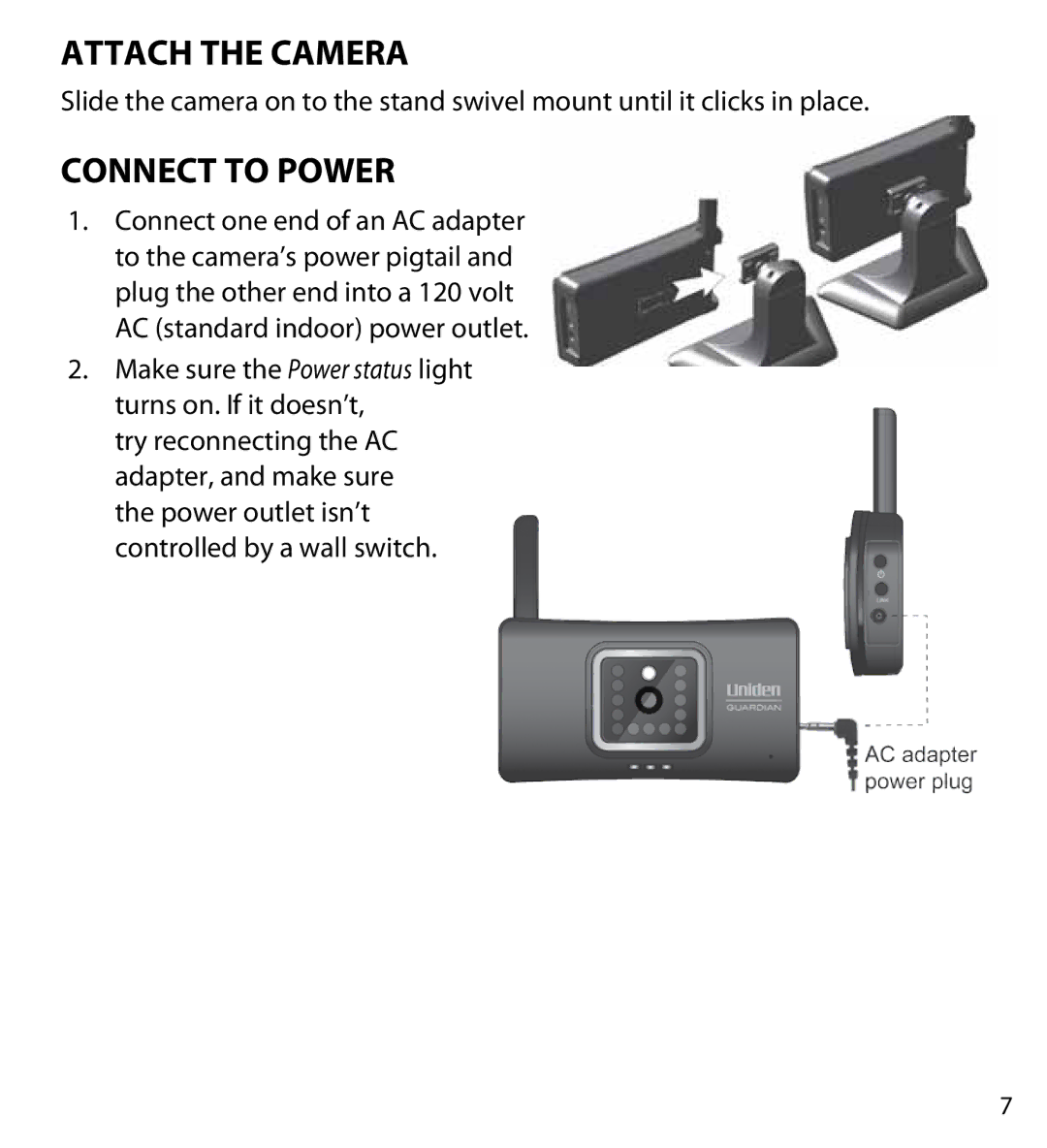 Uniden GC43W user manual Attach the Camera 