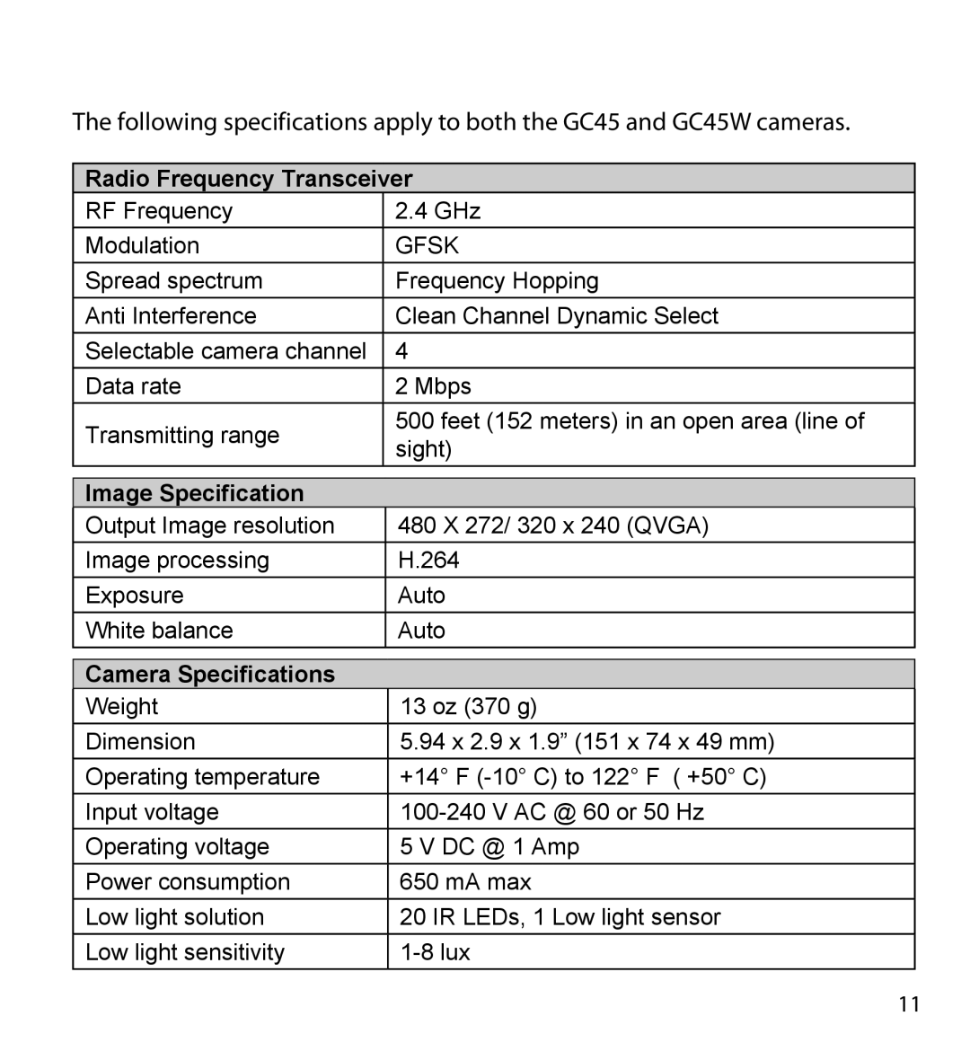 Uniden GC45W user manual Product Specifications, Radio Frequency Transceiver, Image Specification, Camera Specifications 