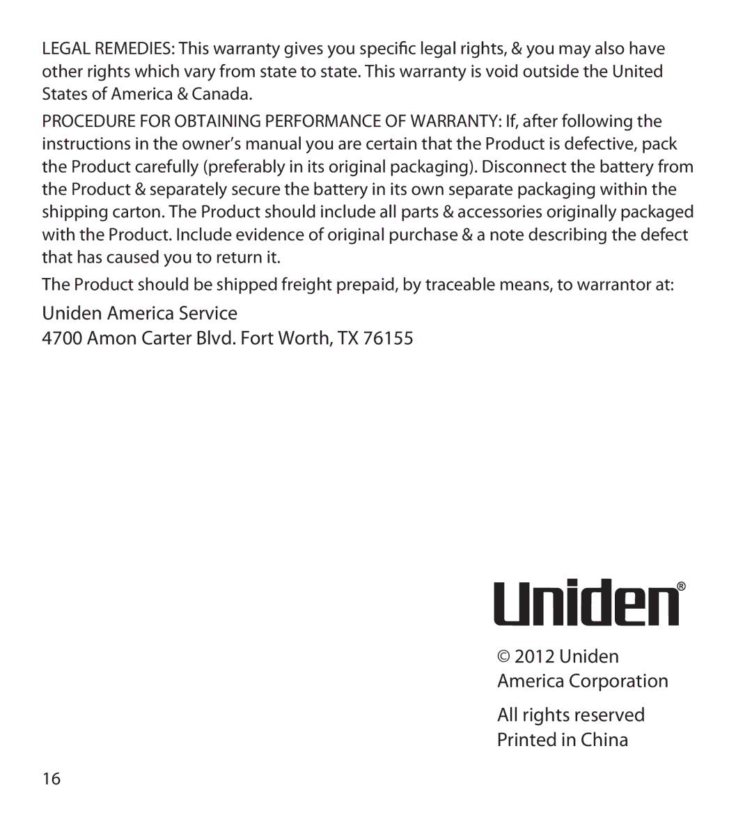 Uniden GC45W user manual Uniden America Service Amon Carter Blvd. Fort Worth, TX 