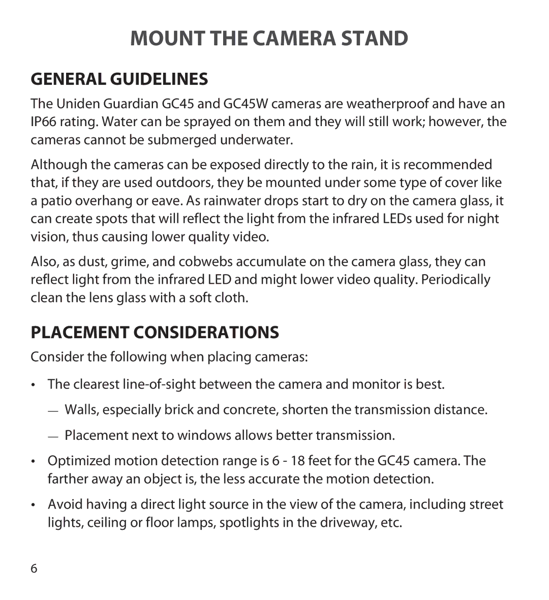 Uniden GC45W user manual Mount the Camera Stand, General Guidelines, Placement Considerations 