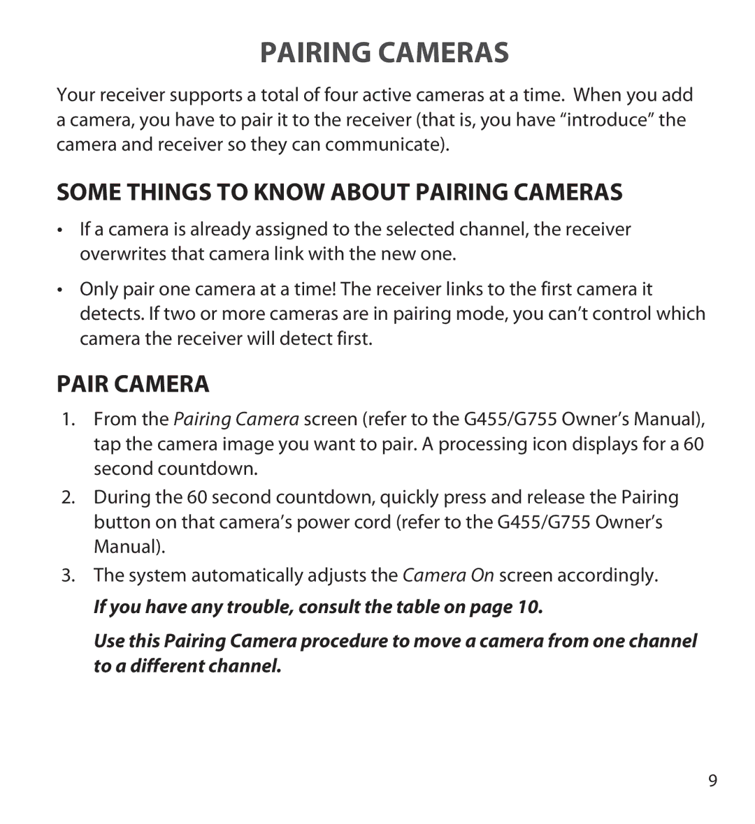 Uniden GC45W user manual Pairing Cameras, Some things to know about pairing cameras, Pair Camera 