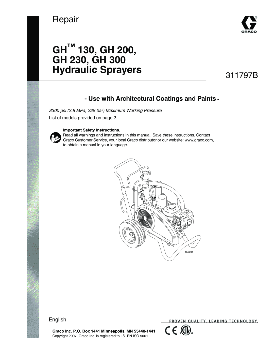 Uniden GH 200 important safety instructions psi 2.8 MPa, 228 bar Maximum Working Pressure, Repair, 311797B, English 