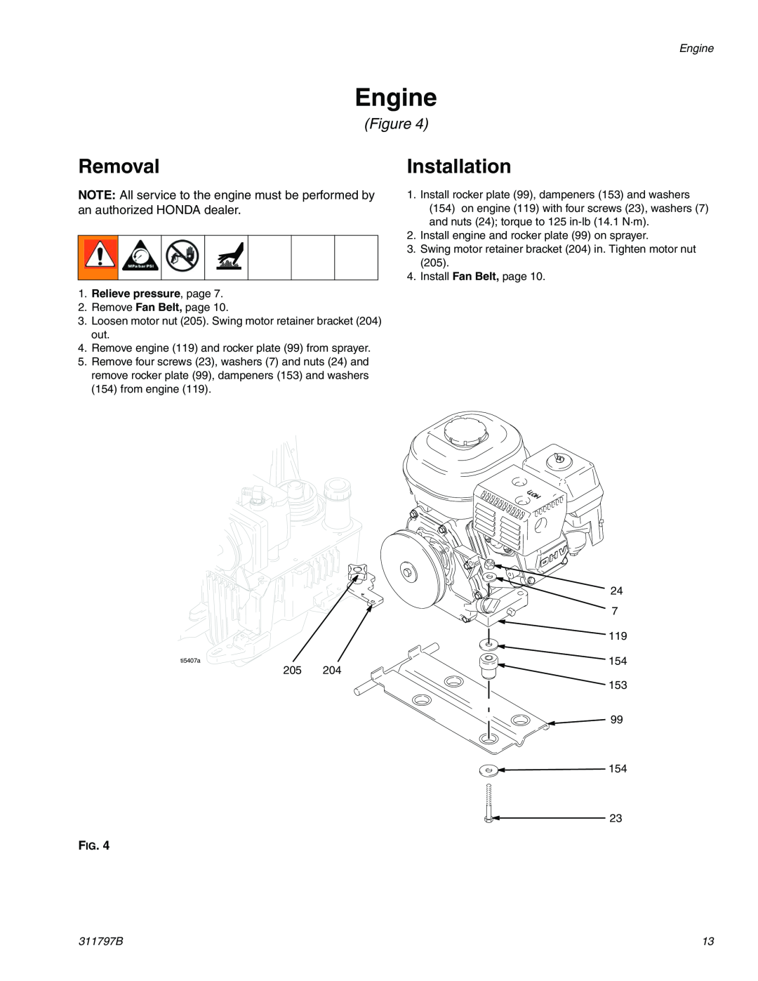 Uniden GH 200, GH 230, GH 130, GH 300 Engine, Removal, Installation, Relieve pressure, page, 311797B 