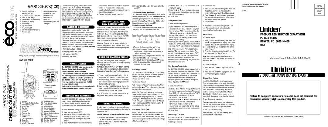 Uniden GMR1058-2CK(4CK) manual Package Contents, Gmrs License, Install the Batteries, Battery Level LOW Battery Alert 