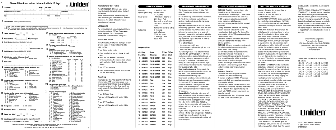 Uniden GMR1058-2CK(4CK) manual Specifications, Regulatory Information, RF Exposure Information, ONE Year Limited Warranty 