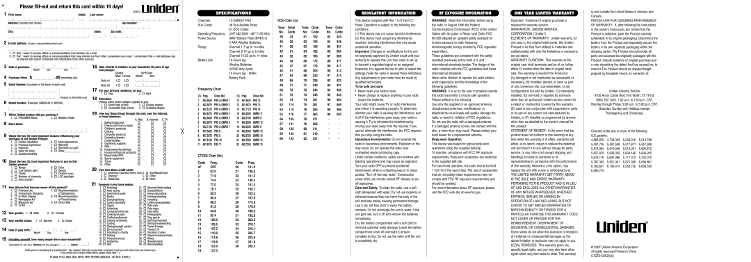 Uniden GMR1438-2CK manual Specifications, Regulatory Information, RF Exposure Information, ONE Year Limited Warranty 