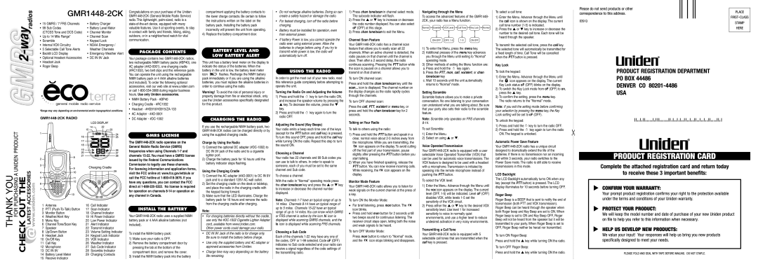 Uniden GMR1448-2CK manual Package Contents, Gmrs License, Install the Battery, Battery Level LOW Battery Alert 