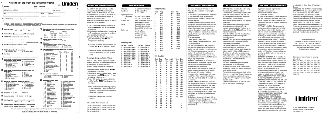 Uniden GMR1448-2CK manual Using the Weather Radio, Specifications, Regulatory Information, RF Exposure Information 