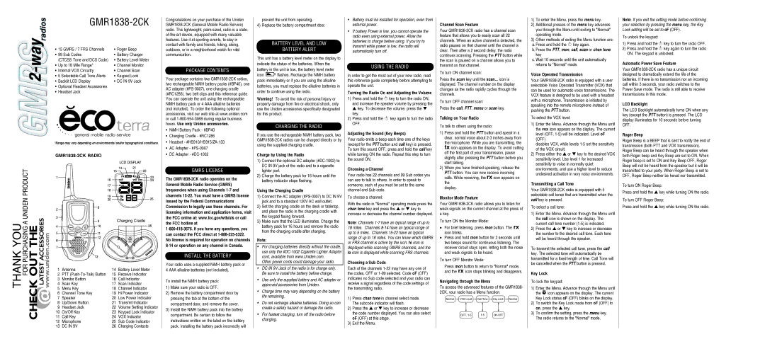 Uniden GMR1838-2CK manual Package Contents, Gmrs License, Install the Battery, Battery Level and LOW Battery Alert 