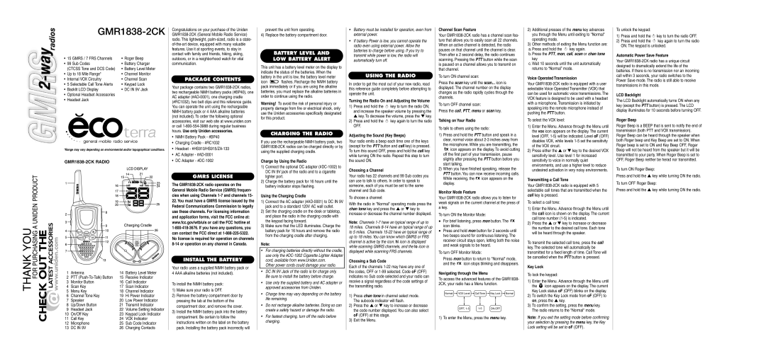 Uniden GMR1838-2CK manual Package Contents, Gmrs License, Install the Battery, Battery Level LOW Battery Alert 