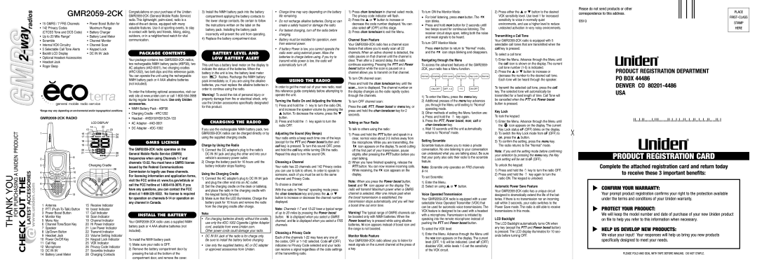 Uniden GMR2059-2CK manual Package Contents, Gmrs License, Install the Battery, Battery Level LOW Battery Alert 