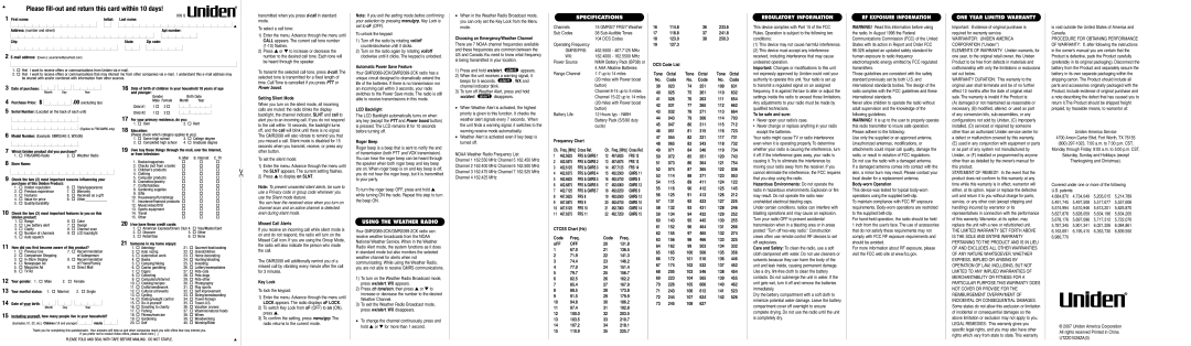 Uniden GMR2089-2CK specifications Using the Weather Radio, Specifications, Regulatory Information, RF Exposure Information 