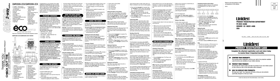 Uniden GMR2099-2CK specifications Package Contents, Gmrs License Install the Battery, Charging the Radio, Using the Radio 