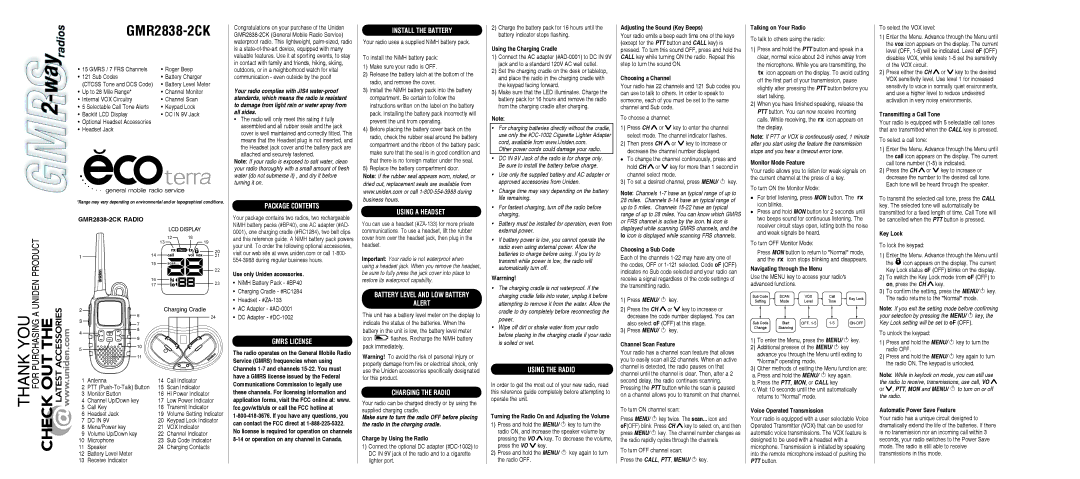 Uniden GMR2838-2CK manual Package Contents, Gmrs License, Install the Battery, Using a Headset, Alert, Charging the Radio 