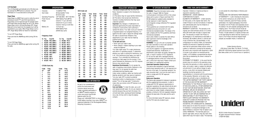 Uniden GMR2838-2CK manual Specifications, Rbrc Information, Regulatory Information, RF Exposure Information 