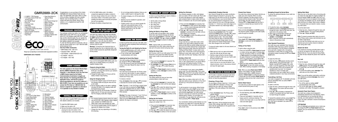Uniden GMR2889-2CK specifications Package Contents, Gmrs License Install the Battery, Charging the Radio, Using the Radio 