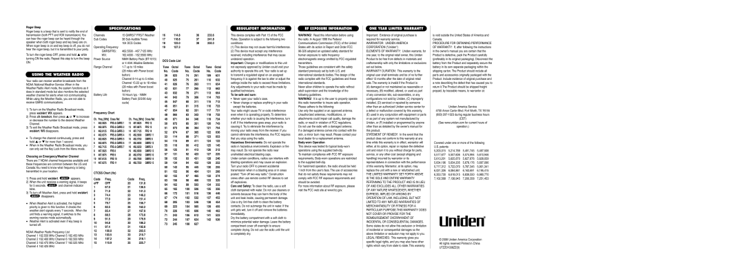 Uniden GMR2889-2CK specifications Using the Weather Radio, Specifications, Regulatory Information, RF Exposure Information 