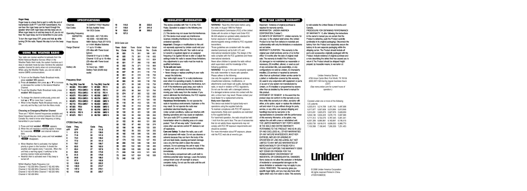 Uniden GMR2889-2CK specifications Using The Weather Radio, Specifications, Regulatory Information, Rf Exposure Information 