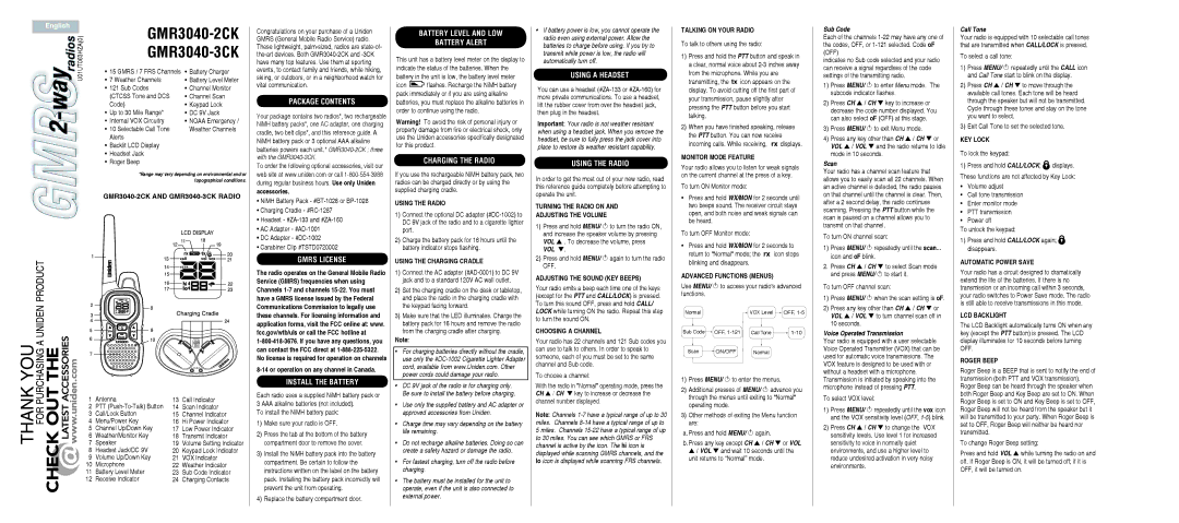 Uniden GMR3040-2CK manual Package Contents, Gmrs License, Install the Battery, Battery Level and LOW Battery Alert 