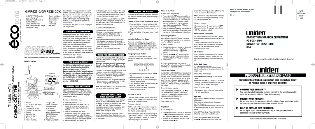 Uniden GMR635-2CK manual Optional Accessories, FCC Gmrs License Install the Batteries, Using the Charging Cradle 