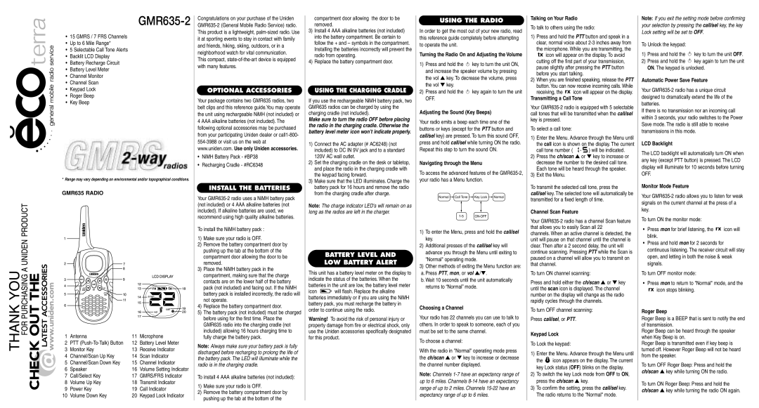 Uniden GMR635-2 manual Optional Accessories, Install the Batteries, Using the Charging Cradle, Using the Radio 