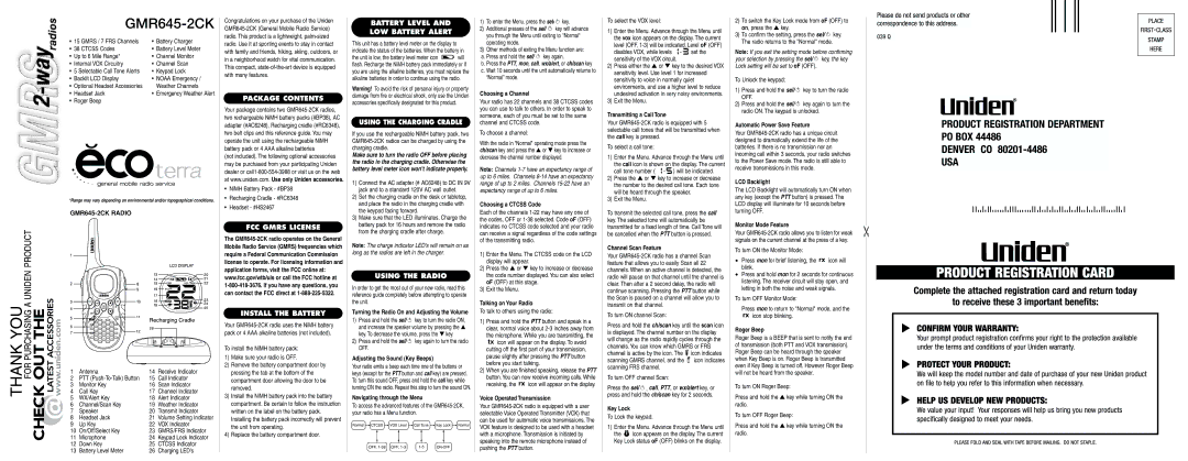Uniden GMR645-2CK manual Package Contents, FCC Gmrs License, Install the Battery, Battery Level LOW Battery Alert 
