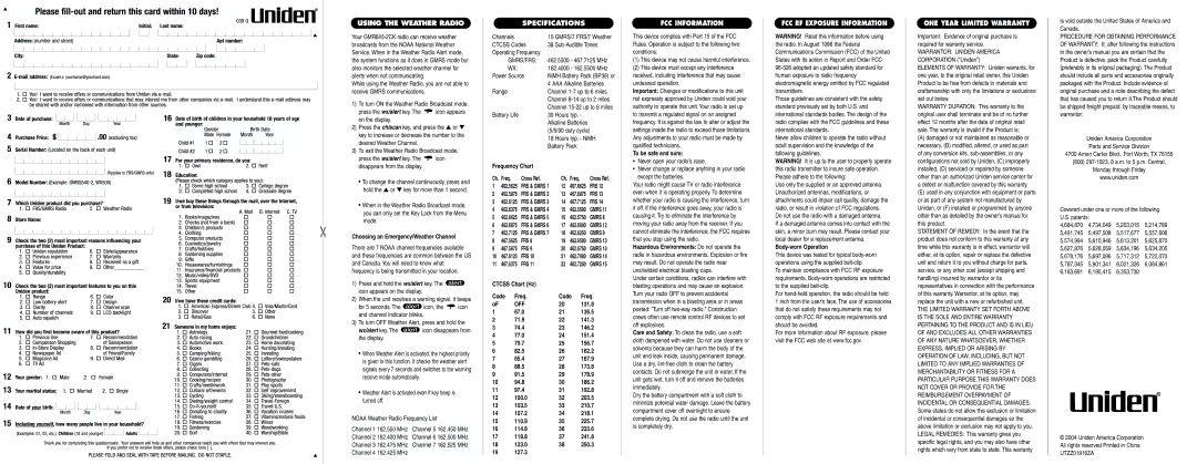 Uniden GMR645-2CK manual Using the Weather Radio, Specifications, FCC RF Exposure Information, ONE Year Limited Warranty 