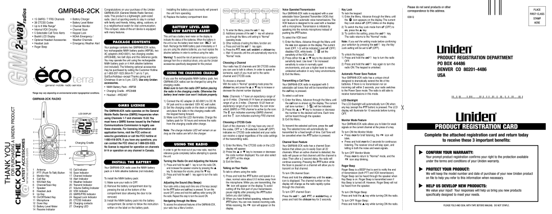 Uniden GMR648-2CK manual Package Contents, Gmrs License, Install the Battery, Battery Level LOW Battery Alert 