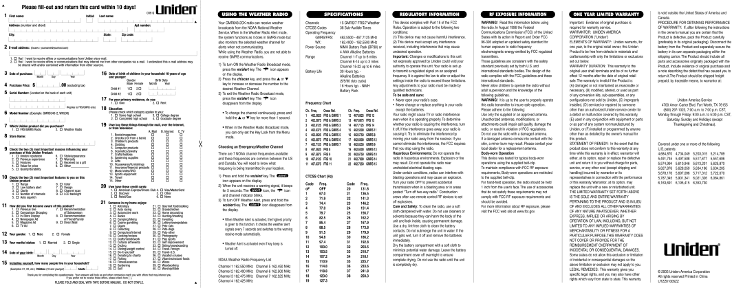 Uniden GMR648-2CK manual Using the Weather Radio, Specifications, Regulatory Information, RF Exposure Information 