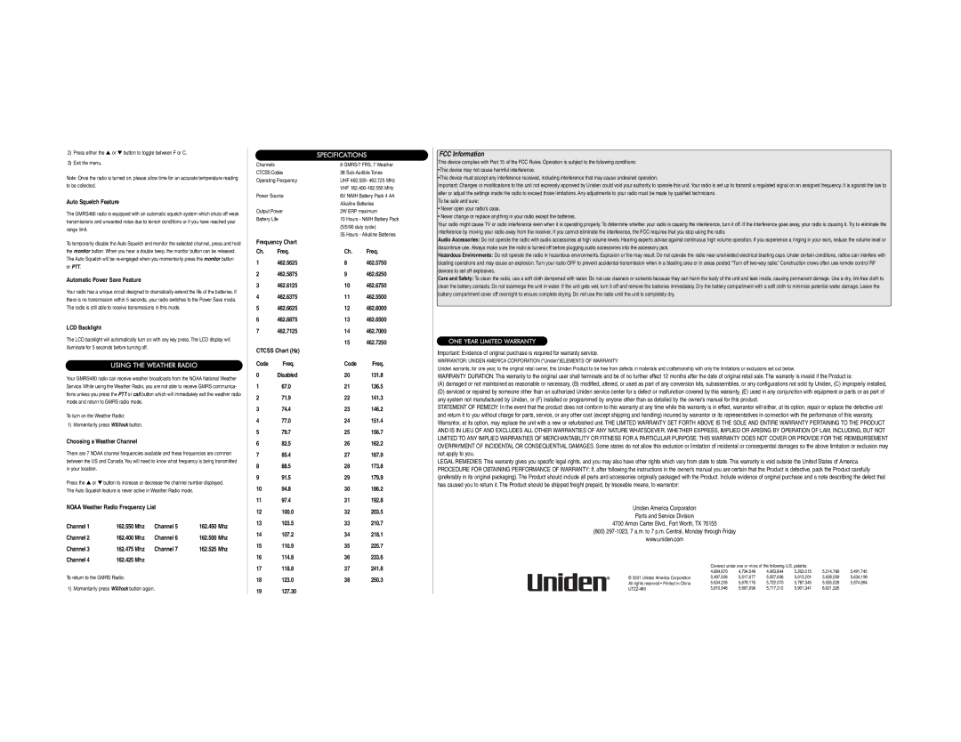 Uniden GMRS480 Auto Squelch Feature, Automatic Power Save Feature, LCD Backlight, Choosing a Weather Channel, 462.5875 