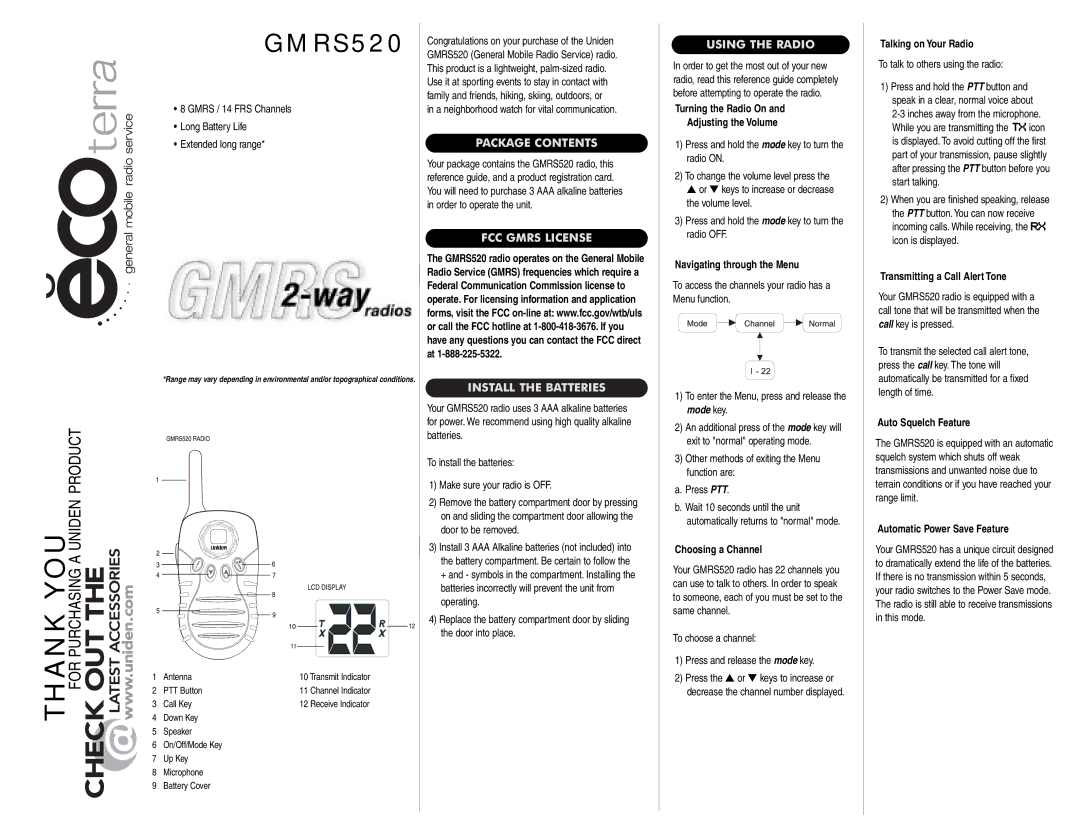 Uniden GMRS520 manual Turning the Radio On Adjusting the Volume, Talking on Your Radio, Navigating through the Menu 