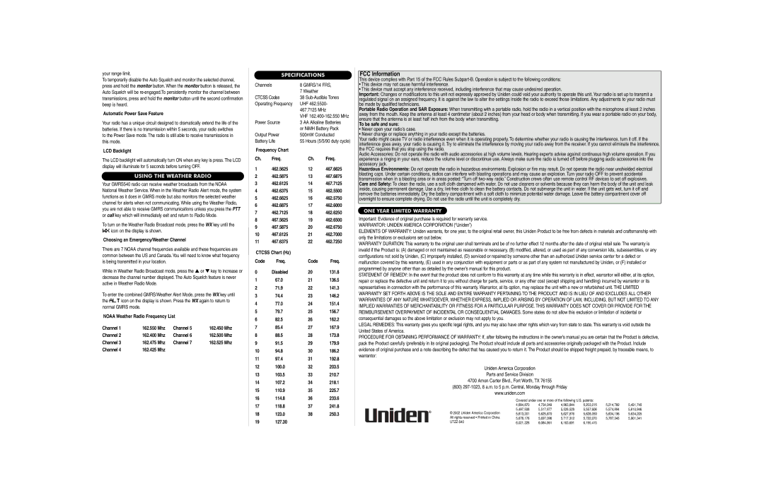 Uniden GMRS540 Automatic Power Save Feature, LCD Backlight, Choosing an Emergency/Weather Channel, Channel 162.400 Mhz 