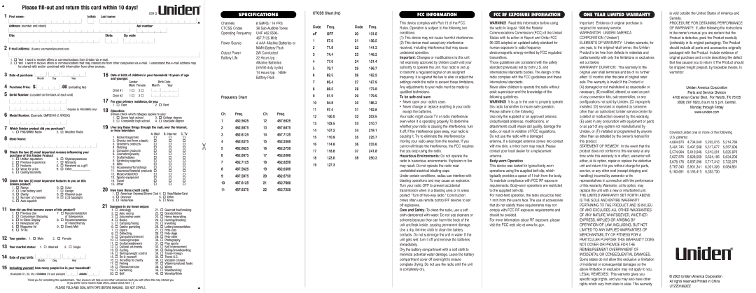 Uniden GMRS680 manual Specifications, FCC Information, FCC RF Exposure Information, ONE Year Limited Warranty 