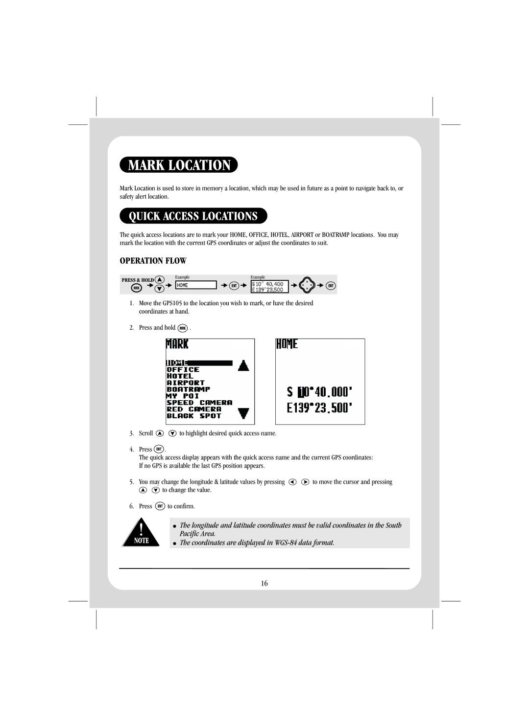 Uniden GPS105 quick start Mark Location, Operation Flow 