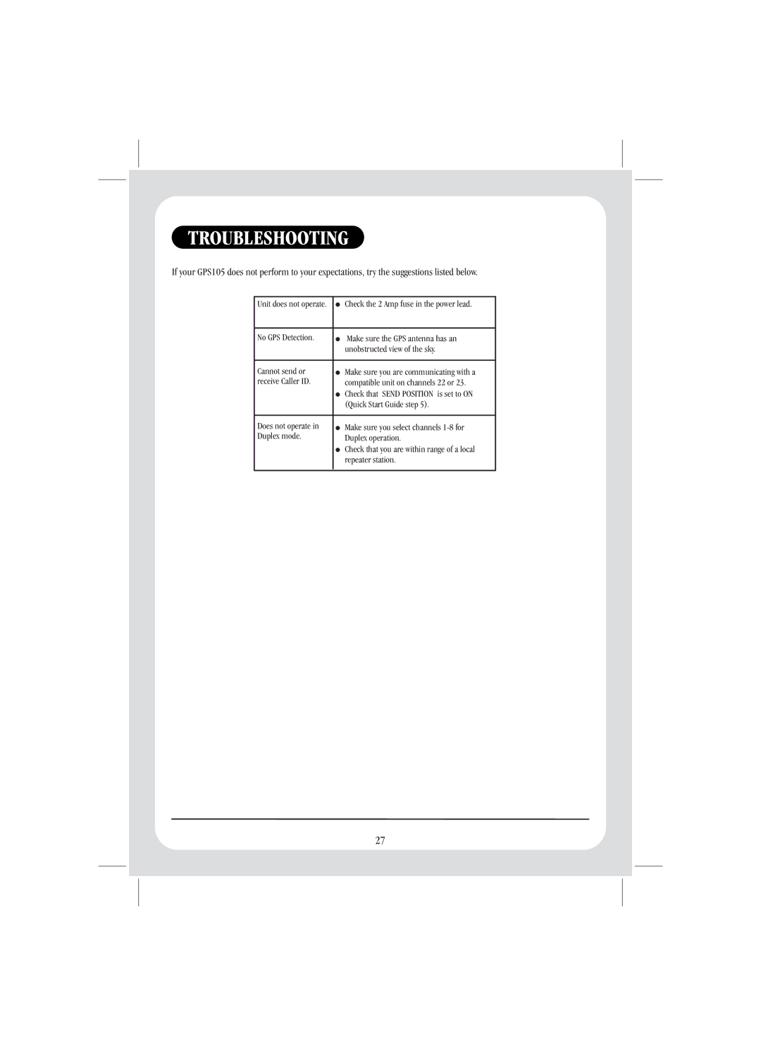 Uniden GPS105 quick start Troubleshooting 