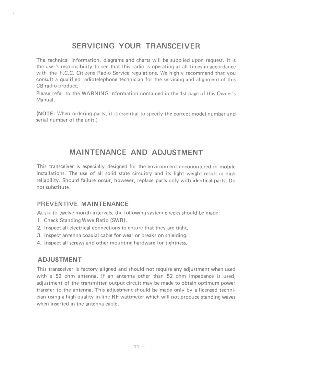 Uniden GRANT owner manual Servicing Your Transceiver 