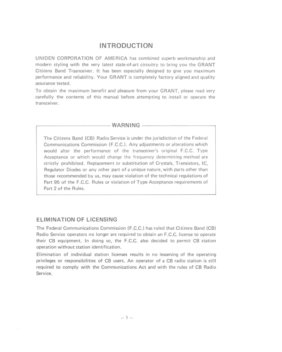 Uniden GRANT owner manual Introduction, Elimination of Licensing 