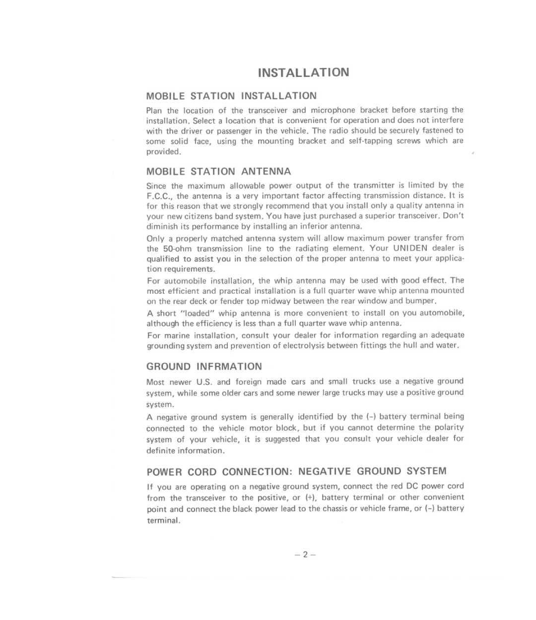 Uniden GRANT owner manual Mobile Station Installation, Mobile Station Antenna, Ground Infrmation 