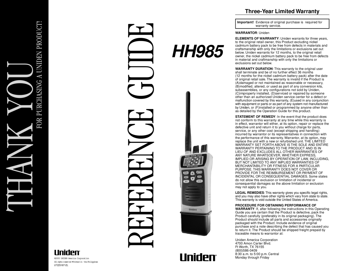 Uniden HH-985 warranty Reference Guide, Three-Year Limited Warranty 