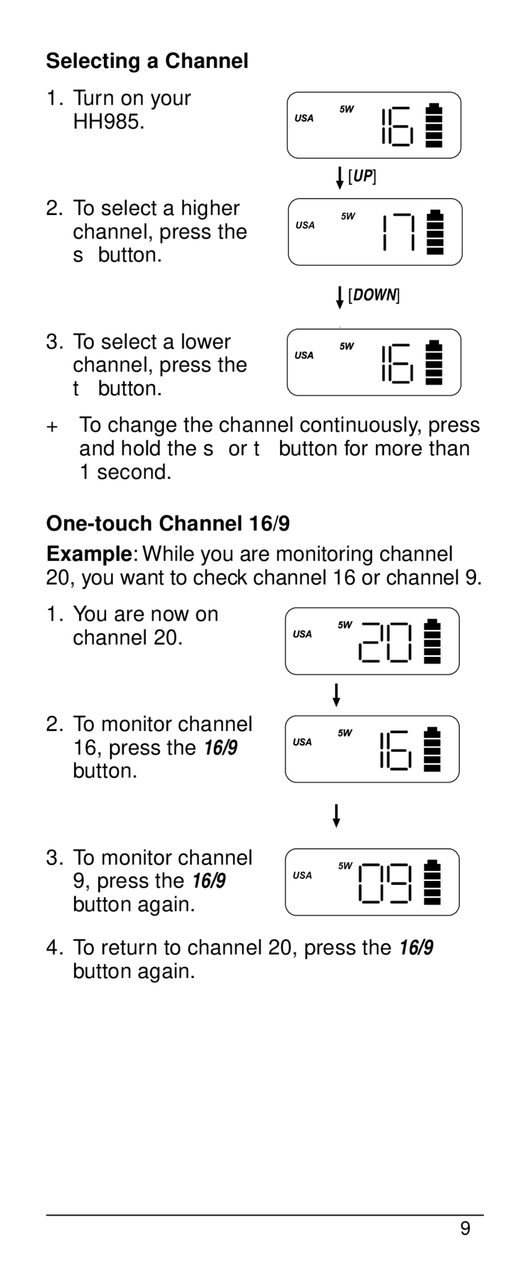 Uniden HH-985 warranty Selecting a Channel, One-touch Channel 16/9 