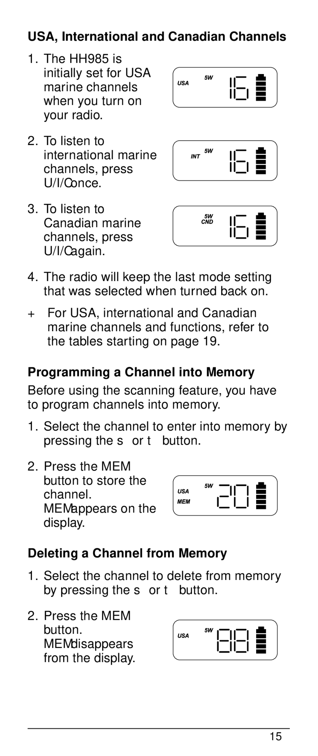 Uniden HH-985 USA, International and Canadian Channels, Programming a Channel into Memory, Deleting a Channel from Memory 