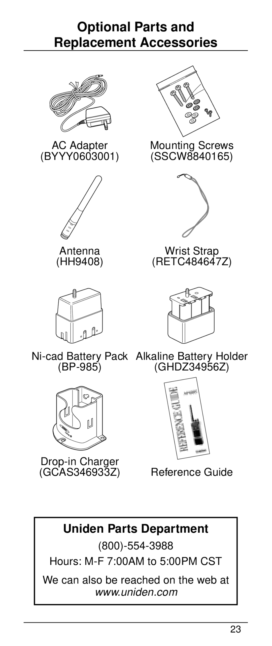 Uniden HH-985 warranty Optional Parts Replacement Accessories 