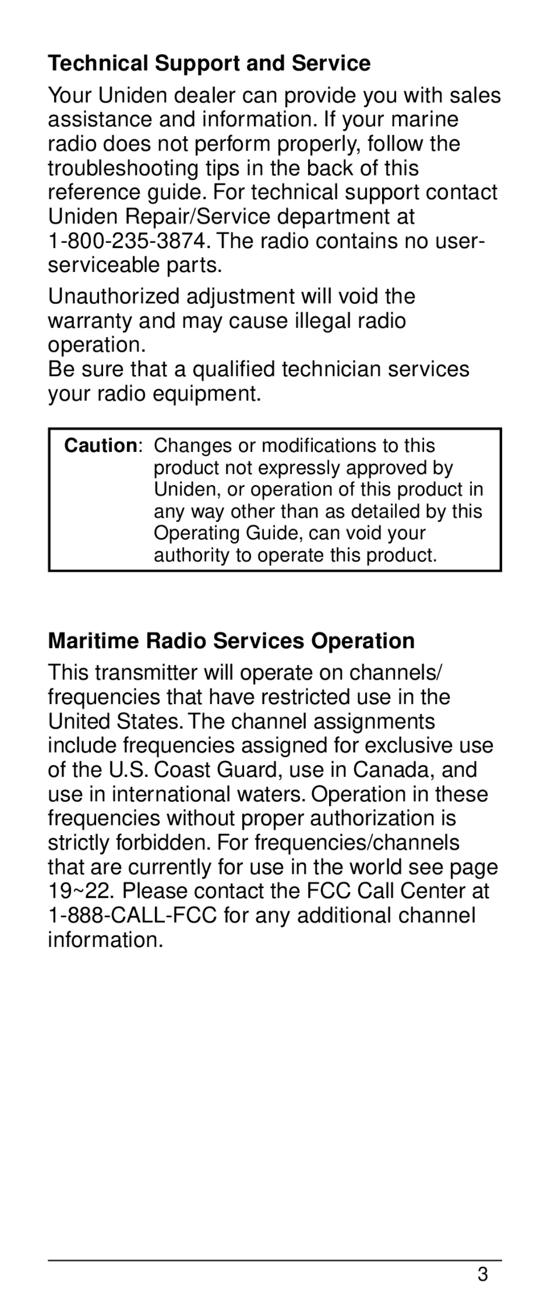 Uniden HH-985 warranty Technical Support and Service, Maritime Radio Services Operation 