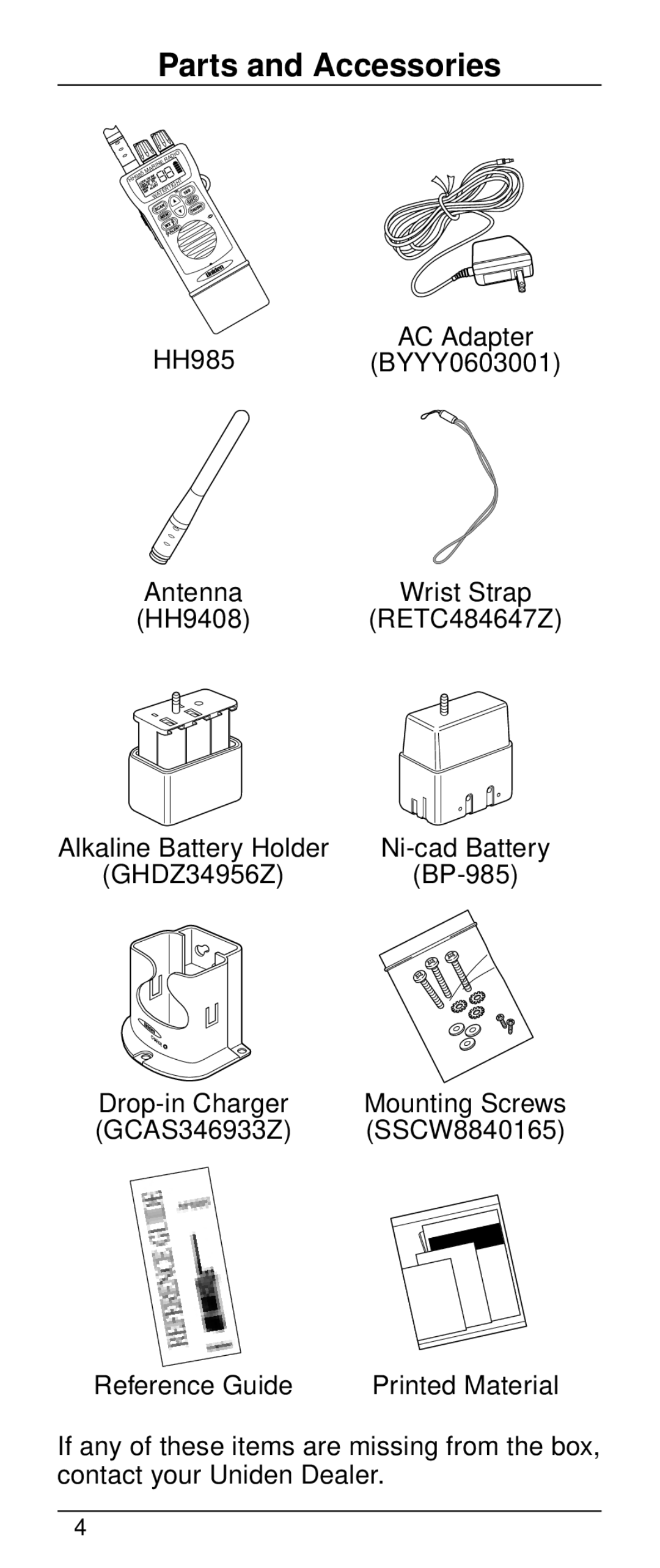 Uniden HH-985 warranty Parts and Accessories 