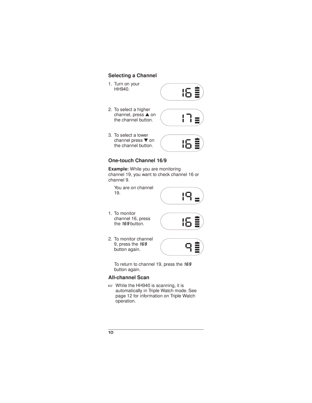 Uniden HH940 manual Selecting a Channel, One-touch Channel 16/9, All-channel Scan 