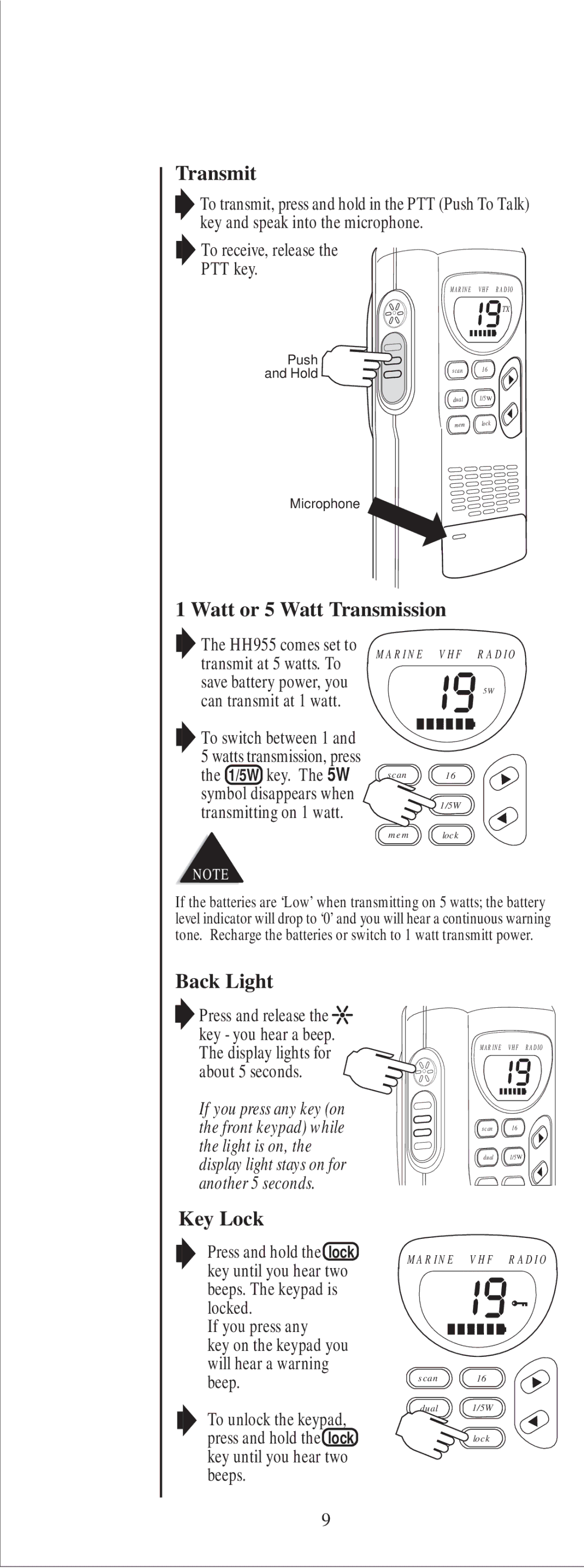 Uniden HH955 manual Transmit, Watt or 5 Watt Transmission, Back Light, Key Lock, If you press any 